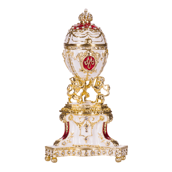 Faberge stil kongelig dansk egg (Dansk Jubileum) Smykkeskrin med løver 13 cm rød red 13 cm