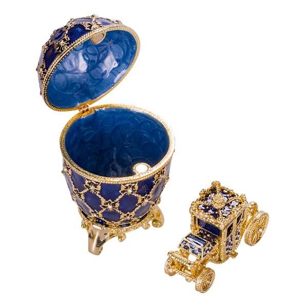 Faberge-tyylinen keisarillinen kruunausmuna, korurasia vaunuineen 10 cm sininen blue 10 cm