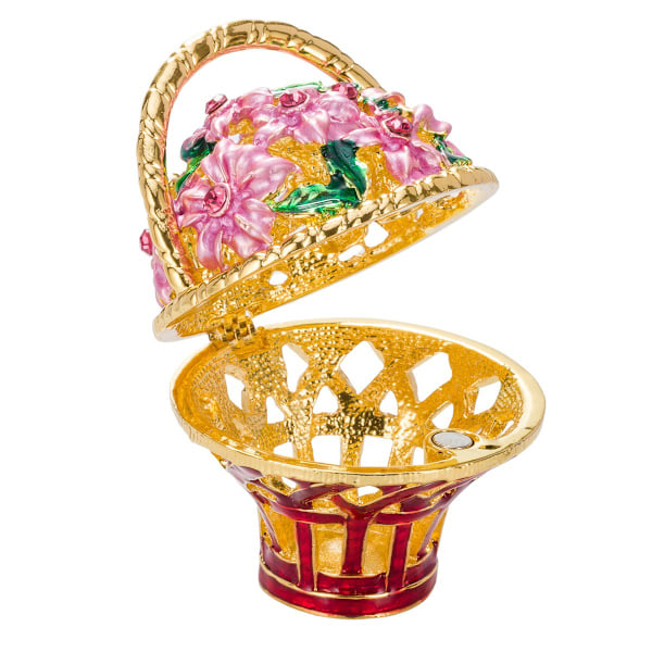 Faberge stil egg Musikkboks Smykkeskrin med kurv med blomster 17 cm rød red 17 cm