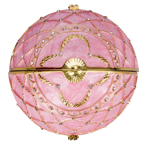 Faberge stil æg Musikæske Smykkeskrin med kurv med blomster 17 cm lyserød pink 17 cm