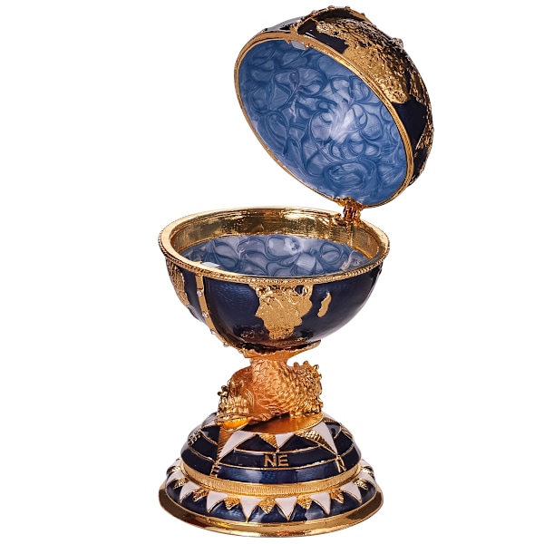 Faberge stil egg Smykkeskrin Globus med seilskip 14,5 cm blå blue 14.5 cm