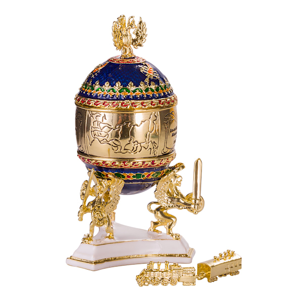 Faberge stil ägg Smyckeskrin Transsibiriska järnvägen med tåg 12,5 cm blå blå 12.5 cm
