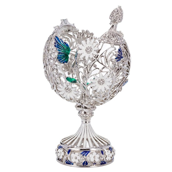 Faberge stil utskåret egg med blomster og sommerfugl 16,5 cm sølvfarge silver 16.5 cm