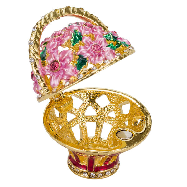 Faberge stil æg Musikæske Smykkeskrin med kurv med blomster 17 cm lyserød pink 17 cm