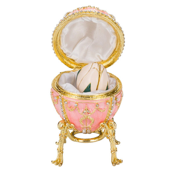 Faberge-tyylinen muna, korurasia riipuksella Ruusunuppu 9,5 cm vaaleanpunainen pink 9.5 cm