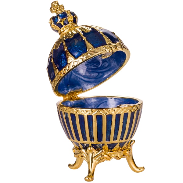 Faberge stil Ribbet egg Smykkeskrin med keiserkrone 6,5 cm blå blue 6.5 cm