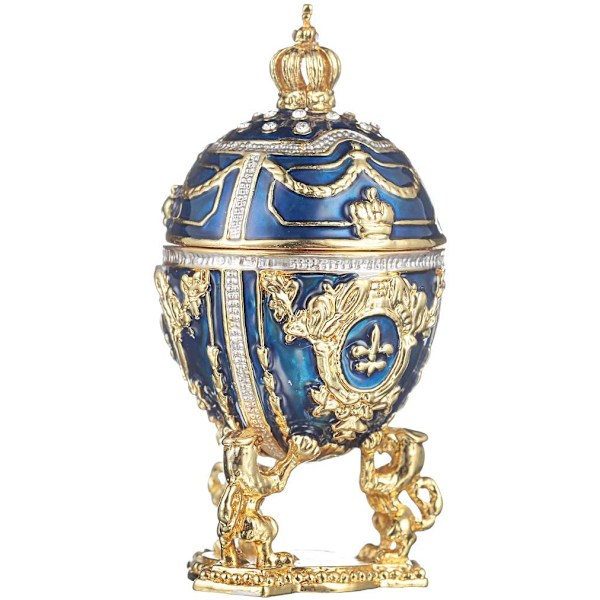 Faberge-tyylinen muna, jalokivirasia, jossa leijonat ja keisarillinen kruunu 7,5 cm sininen blue 7.5 cm