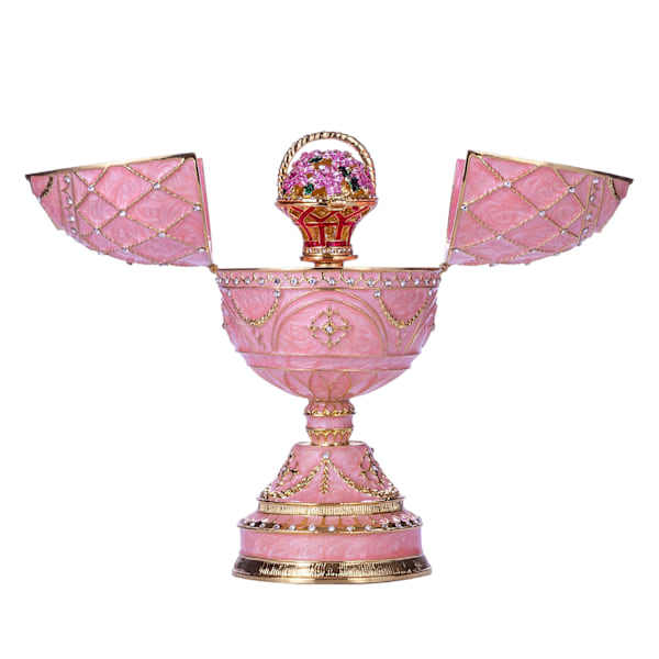 Faberge stil egg Musikkboks Smykkeskrin med kurv med blomster 17 cm rosa pink 17 cm