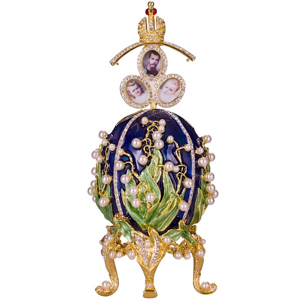 Faberge stil Liljekonvaljer ägg med kejsarkrona och fotoramar 19 cm blå blå 19 cm