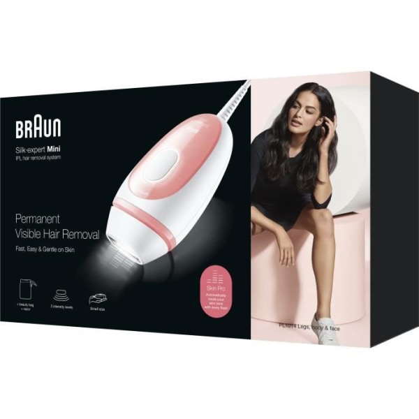 Braun Silk · Expert Mini PL1014, Pulsed Light Epilator, Semi-Define Hårborttagning, vit/rosa, med resefickan