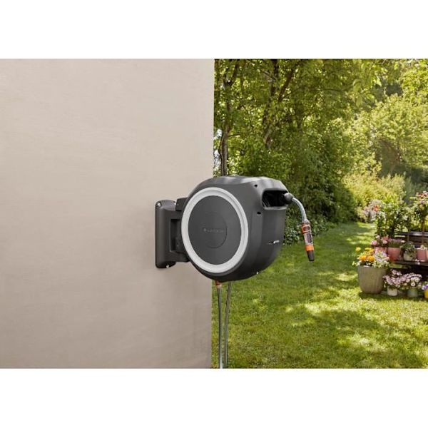 GARDENA Väggmonterad automatisk slangrulle RollUp M / L 25 m med vit kant