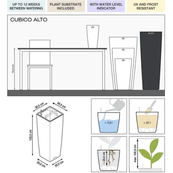 LECHUZA Cubico Alto Premium 40 blomkruka - komplett set, metalliskt silver