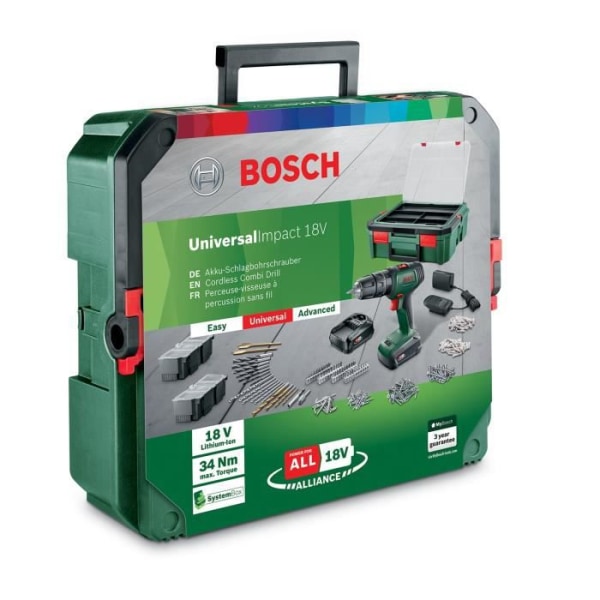 Bosch UniversalDrill 18 förarborr (2 batterier 1,5Ah + SystemBox + 241 tillbehör)
