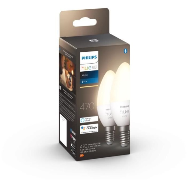 PHILIPS Hue White - E14 smarta LED-lampor - Bluetooth-kompatibel - Paket med 2