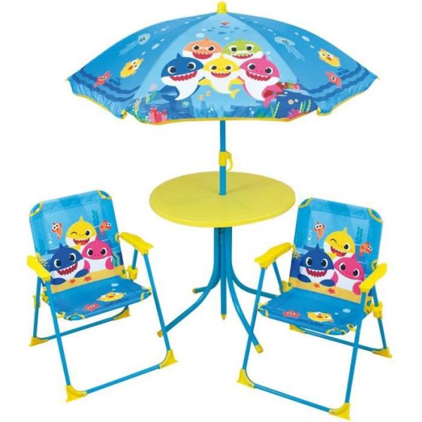 FUN HOUSE Baby Shark Trädgårdsmöbler - 1 bord H.46xø46 cm, 2 stolar H.53xB.38.5xD.37.5 cm och 1 parasoll H.125 x ø100 cm