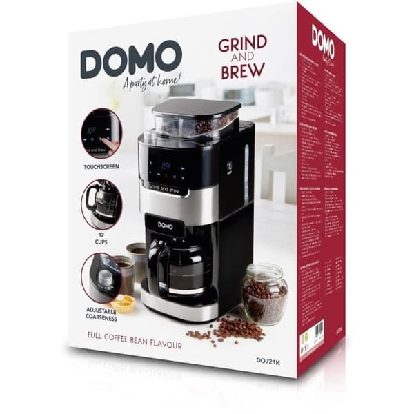 DOMO DO721K - 1,5 L kaffebryggare - 12 koppar - LCD-skärm, beröringsknappar - Integrerad kaffekvarn - Timer - 3 intensiteter