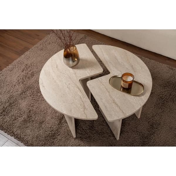 Soffbord - MOIRA - Runt - Travertin marmor effekt - 90 x 90 x 41 cm