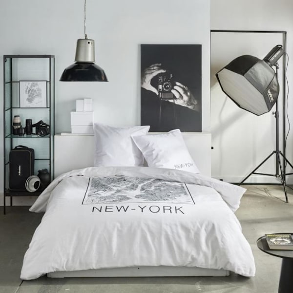 Sängkläder - IDAG - JAVA - 2 personer - 240x220 cm - Bomull - New York-tryck - Vit