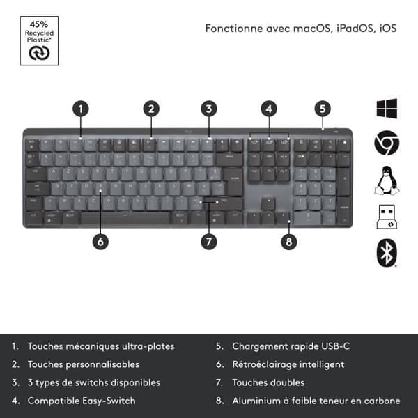Logitech - Trådlöst tangentbord - MX - Mekaniskt - Prestanda Bakgrundsbelyst - Grafit
