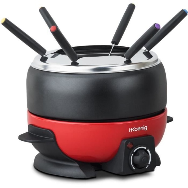 HKoeNIG ALP1800 - Elektrisk fondue 6 personer - 2L - 800W - Justerbar termostat 25 ° C till 190 ° C - Avtagbar kastrull - Röd och svart