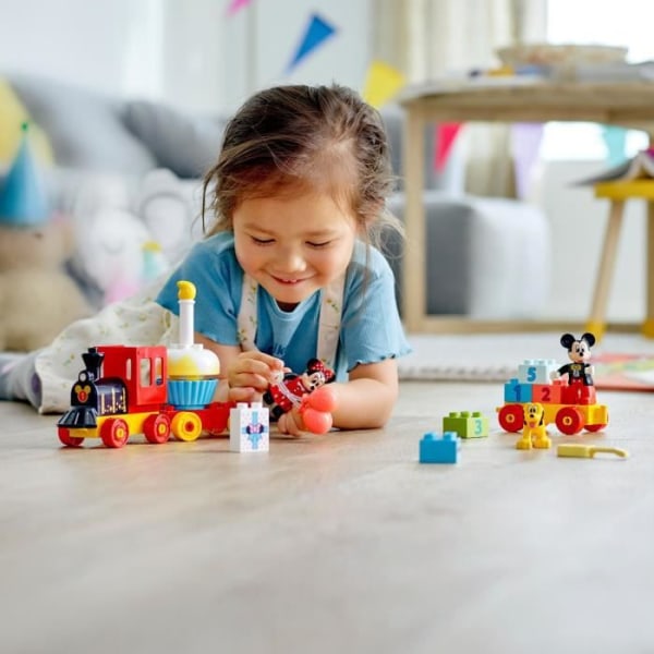LEGO DUPLO 10941 Mickey och Minnie födelsedagståg, leksak för babytåg med tårta och ballonger