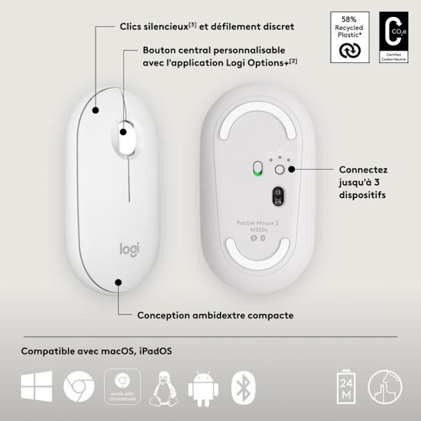 LOGITECH - Trådlös mus - Pebble Mouse 2 M350s - Vit - (910-007013)