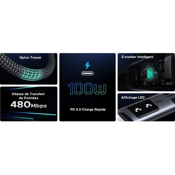 USB-C till USB-C datakabel - UGREEN - PD 100W - Nylon - 1 m - Svart