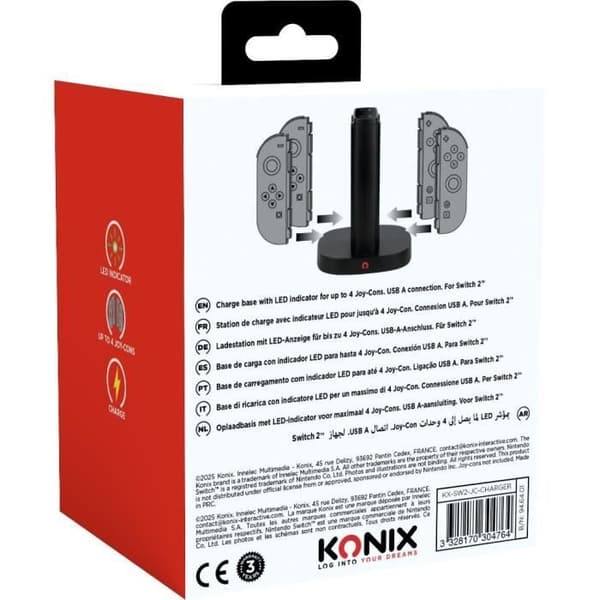 Laddstation - KONIX - 2 par Joy-Con-kontroller - LED-laddningsindikator - USB-A-anslutning - Svart
