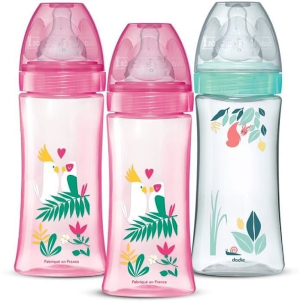 Set med 3 anti-kolik nappflaskor - DODIE - Anti-kolik - Runda spenar - 330 ml - +6 månader - 3 hastigheter - Flödeshastighet 3 - Rosa och grön