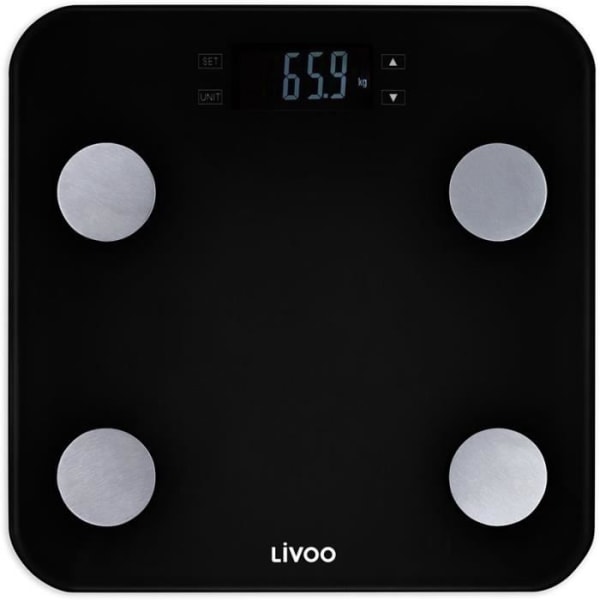 LIVOO DOM427N Våg för kropp - 13 användarminnen - 180 kg - LCD-skärm i härdat glas - Svart