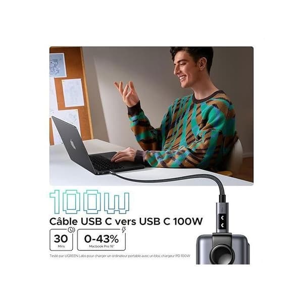 USB-C-kabel - UGREEN - USB-C till USB-C PD 100W datakabel - Flätad nylon - 2 m - Svart