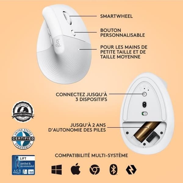 Logitech Lift Ergonomic Vertical Wireless Mouse, Bluetooth eller Logi Bolt USB-mottagare, tyst - off-white