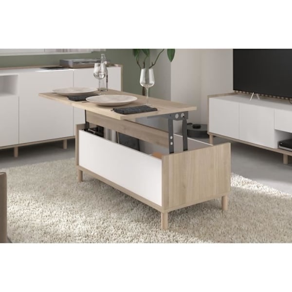 MORPHOS lift-up soffbord - L 100 x D 50 x H 43,6 cm - Rektangulär - Vit / Ek dekor - PARISOT