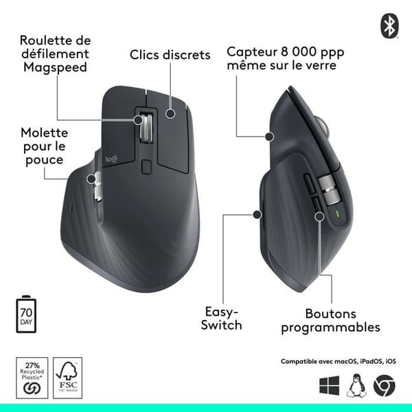Mus - Trådlös - Logitech - MX Master 3S - Bluetooth-utgåva - Grafit