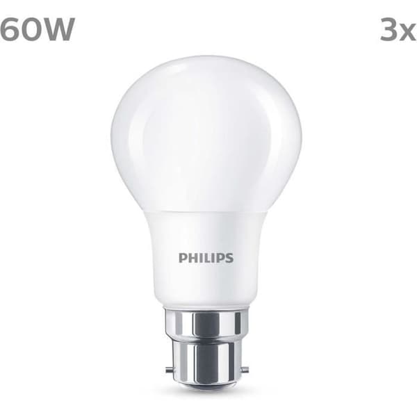 LED-lampa - PHILIPS - 60 W - B22 - Varmvit - Frostad - Ej dimbar - 3 st