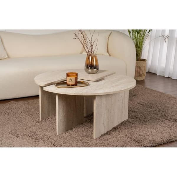 Soffbord - MOIRA - Runt - Travertin marmor effekt - 90 x 90 x 41 cm