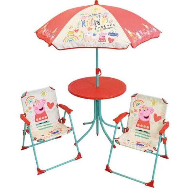 FUN HOUSE Peppa Pig Trädgårdsmöbler - 1 bord H.46xø46cm, 2 stolar H.53xB.38.5xD.37.5 cm och 1 parasoll H.125 x ø100 cm - För barn