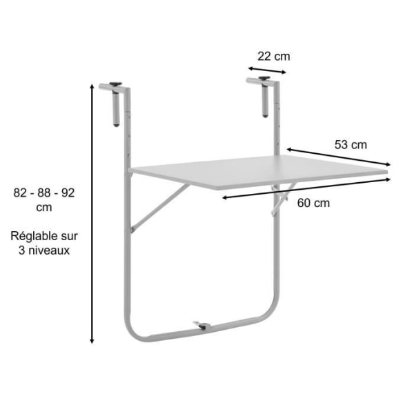 Trädgårdsbord - Fällbart balkongbord - Fällbart - Grå - Stål - 1 Person - 60 x 78 x 86-101 cm