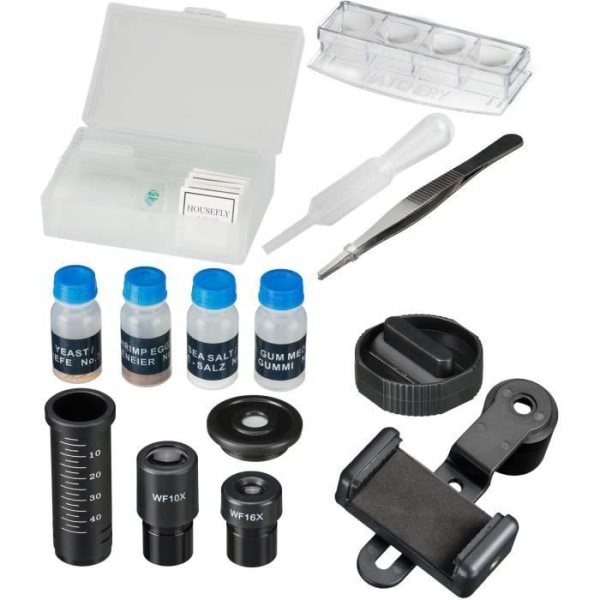 Biolux SEL mikroskop med zoomsystem - BRESSER JUNIOR - 40x-1600x förstoring - smartphonehållare - vit stel box