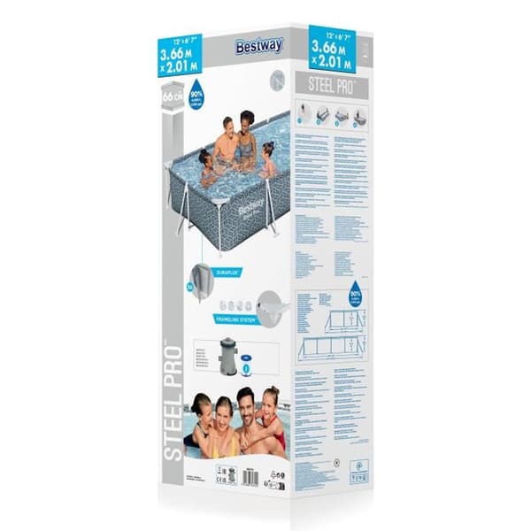 Bestway Steel Pro rektangulär poolkitt 366 x 201 x 66 cm med cartridge-filter, grå vägg, Duraplus liner Grå Rektangulär pool 366 x 201 x 66 cm