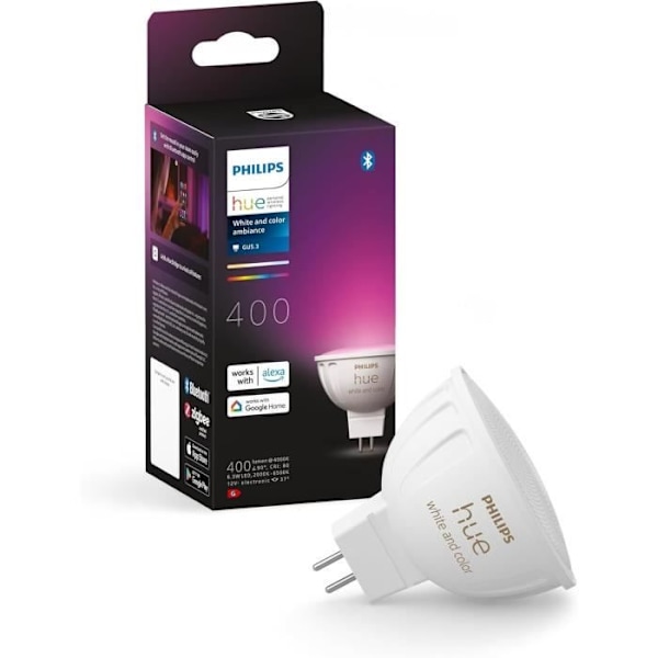 Ansluten glödlampa - PHILIPS HUE - MR16 - Vitt och färgat ljus - Bluetooth-kompatibel - Fungerar med app och röst