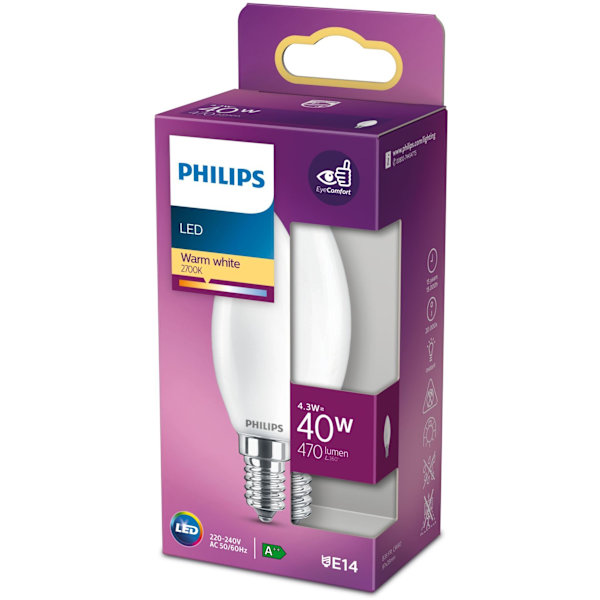 Philips LED-lampa motsvarande 40W B35 E14 varmvit ej dimbar