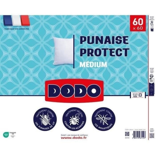 DODO medium kudde 60x60 cm - Anti-bugg, anti-kvalsterskydd - 550 gr - Vit - Made in France