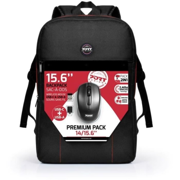 PORT DESIGNS Laptop -ryggsäck + USB A &amp; typ C trådlös mus - 15,6 - svart