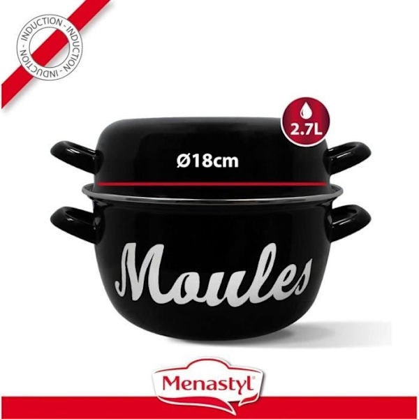 Musselgryta - MENASTYL - 3645563 - Emaljerat stål - Svart - 18 cm - Med text - Alla spishällar inklusive induktion