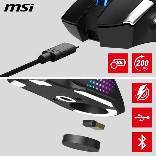 MSI VERSA PRO Trådlös Gamingmus - Bluetooth/2.4 GHz/USB - Laddningsdocka - Svart