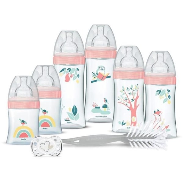 Dodie Birth Kit - 6 anti-kolikflaskor, platta spenar, 1 anatomisk napp 0-2 månader, 1 flaskborste - BPA-fri - Grön