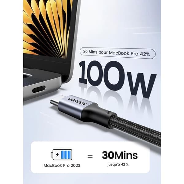 USB-C-kabel - UGREEN - Förstärkt - USB-C till USB-C 100W - 2 m - Svart