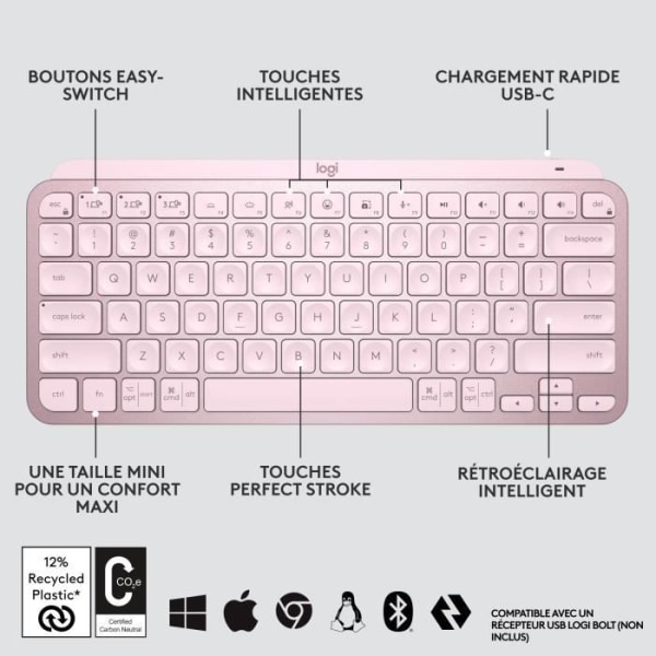 Logitech trådlöst tangentbord - MX -nycklar Mini - PINK - Kompakt, Bluetooth, bakgrundsbelyst för MAC, iOS, Windows, Linux, Android