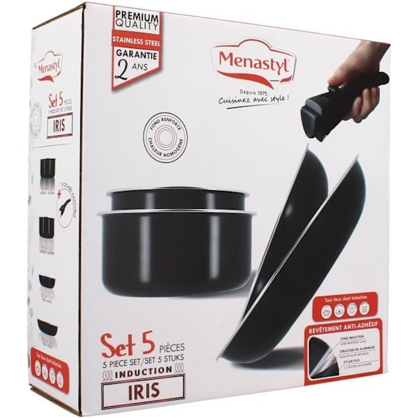 Kokkärlsset - Induktion - MENASTYL - 6020437 - Non-stick aluminium - 5 delar - Avtagbart handtag - Svart